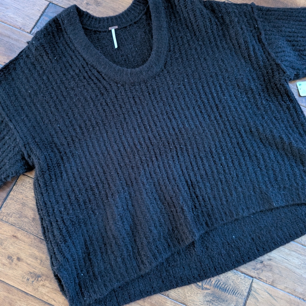 Free People Black Ribbed Scoop Neck Sweater
